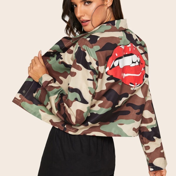 Jackets & Blazers - Camo & Lip Print Jacket